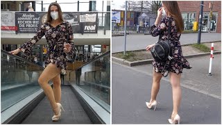 MINI DRESS STOCKINGS and HIGH HEELS  Walk in Public  Kats little world [upl. by Harbour770]