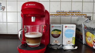 Bosch Tassimo Coffee Machine  Making a JACOBS CAPPUCCINO CLASSICO [upl. by Eanahc590]