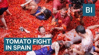 Hundreds Of Tons Of Tomatoes Are Used As Ammo In Spains Tomatina Festival [upl. by Carder173]