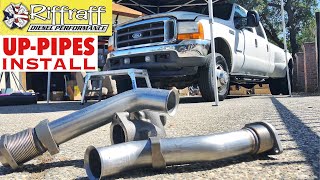 2001 F350 73  RiffRaff UpPipes Install  Stock up pipes leaking and falling apart JUNK SP [upl. by Arriet548]