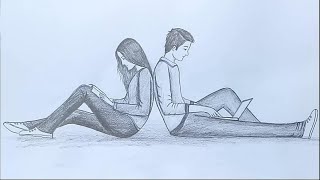 How to draw a boy and a girl sitting back to back  pencil sketch [upl. by Bogoch]