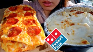 ASMR EATING Dominos PIZZA Pepperoni CHEESY BREAD ALFREDO Pasta CAR MUKBANG REAL Eating Sounds 먹방 [upl. by Powers]