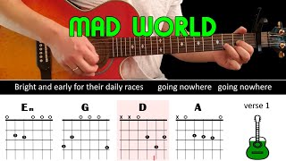 MAD WORLD  Guitar lesson  Acoustic guitar with chords amp lyrics  Gary Jules [upl. by Kezer903]